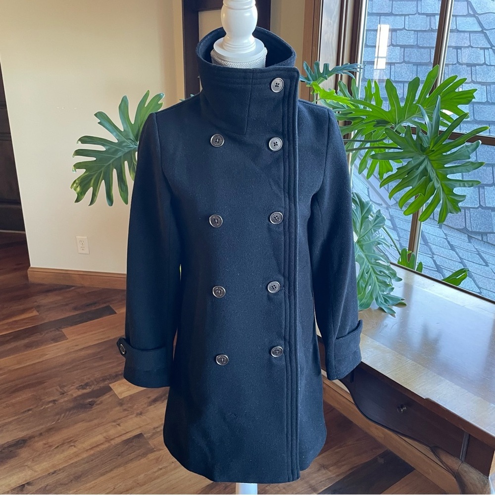 Eddie Bauer Black Double-Breasted Wool Blend Stand Collar Classic Pea Coat